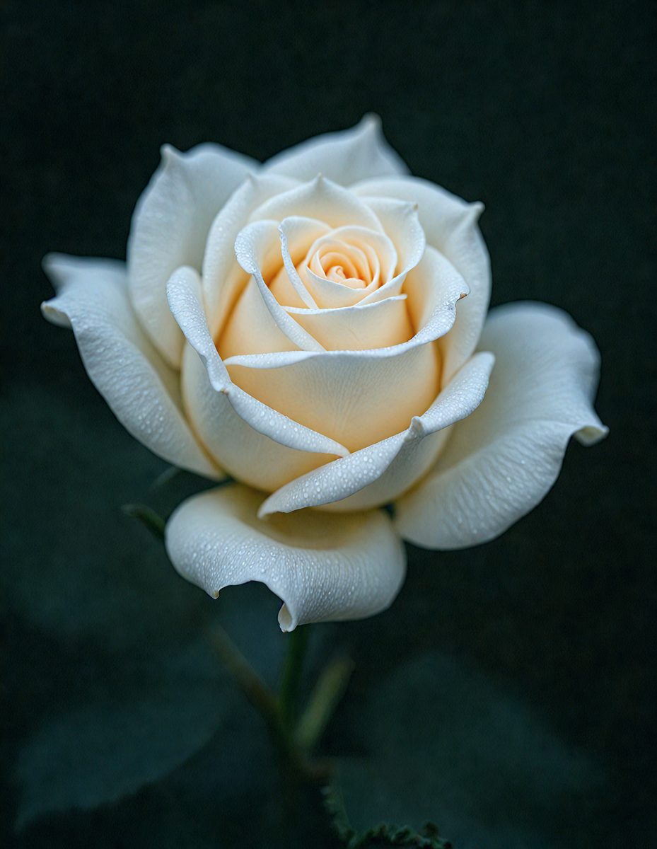 The primary subject of the image is a white rose. The rose is sitting on a stem, and it appears to be a close-up of the flower. The setting is a dark background, which highlights the white rose. The visual style is a photo, capturing the beauty of the white rose. The colors and mood of the image are predominantly white, creating a serene and elegant atmosphere.